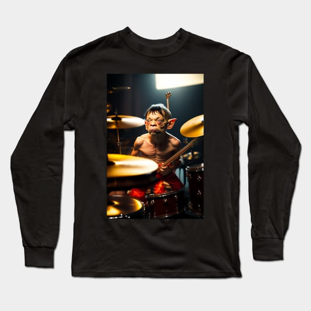 Funny Gollum playing in a heavy metal band graphic design artwork Long Sleeve T-Shirt by Nasromaystro